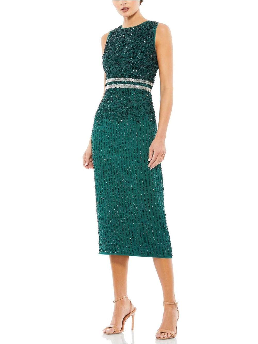 NWT Mac Duggal Green Sleeveless High Neck Beaded Midi Sheath Dress 10509 Size 16